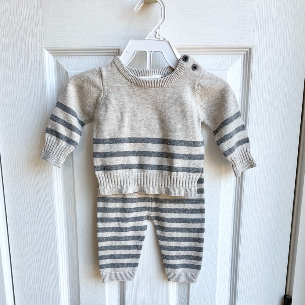 Tan and Gray Stripe Matching Baby Boy Sweater Set